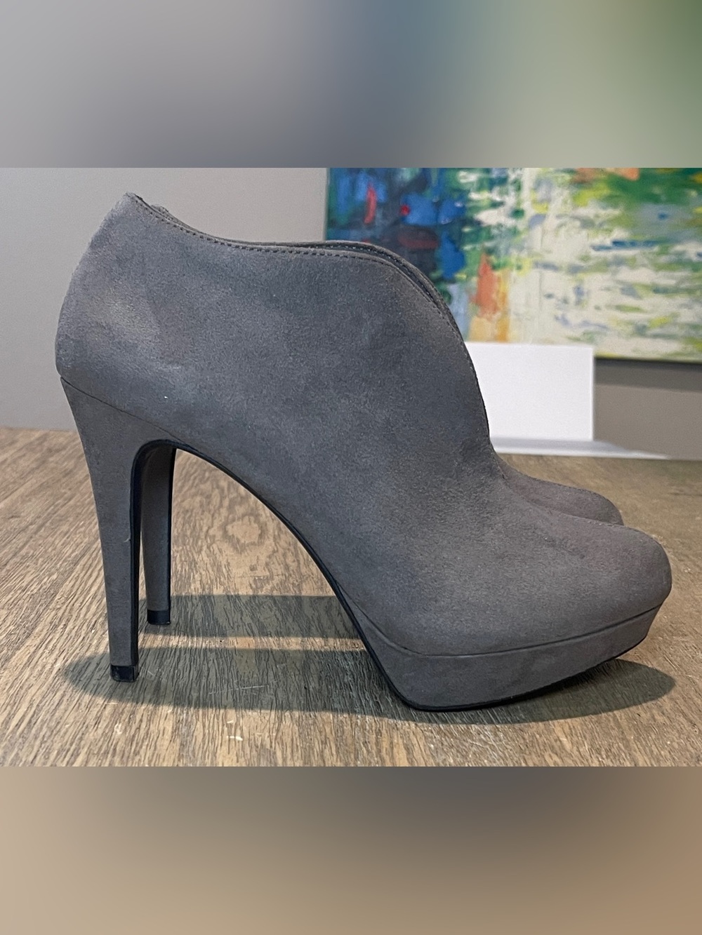 Audrey Brooke Gray Suede Platform Heel Bootie, Size 6.5